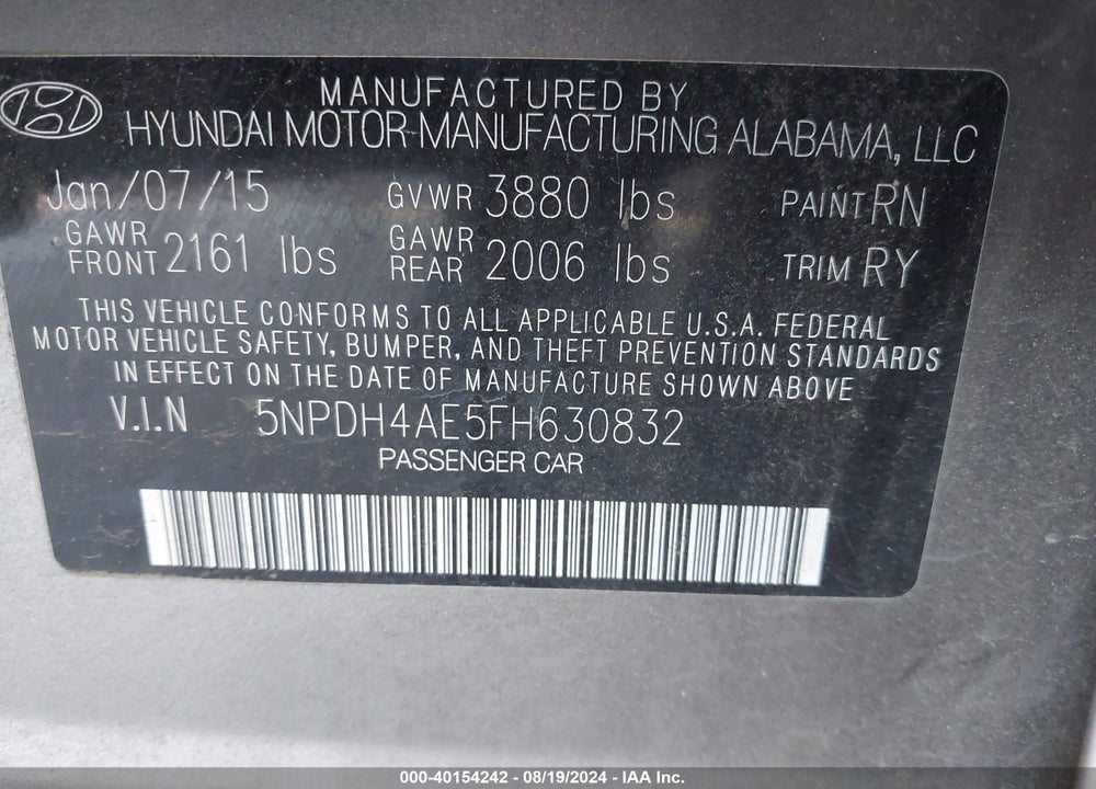 2015 HYUNDAI ELANTRA SE VIN: 5NPDH4AE5FH630832