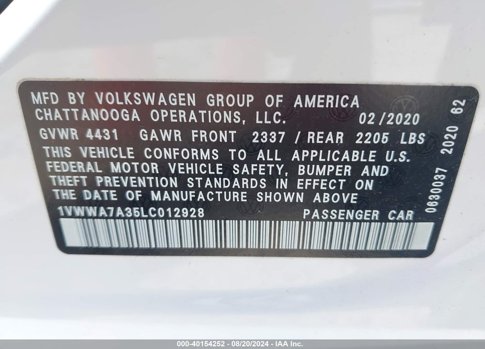 2020 VOLKSWAGEN PASSAT 2.0T SE VIN: 1VWWA7A35LC012928