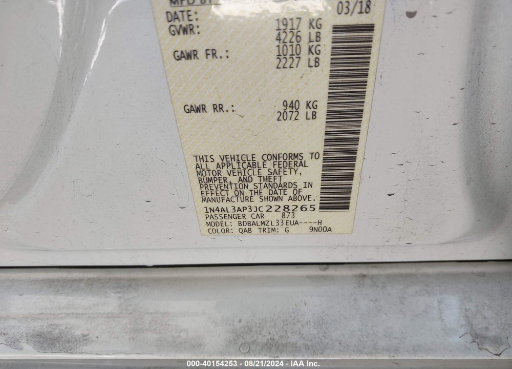 2018 NISSAN ALTIMA 2.5 SV VIN: 1N4AL3AP3JC228265