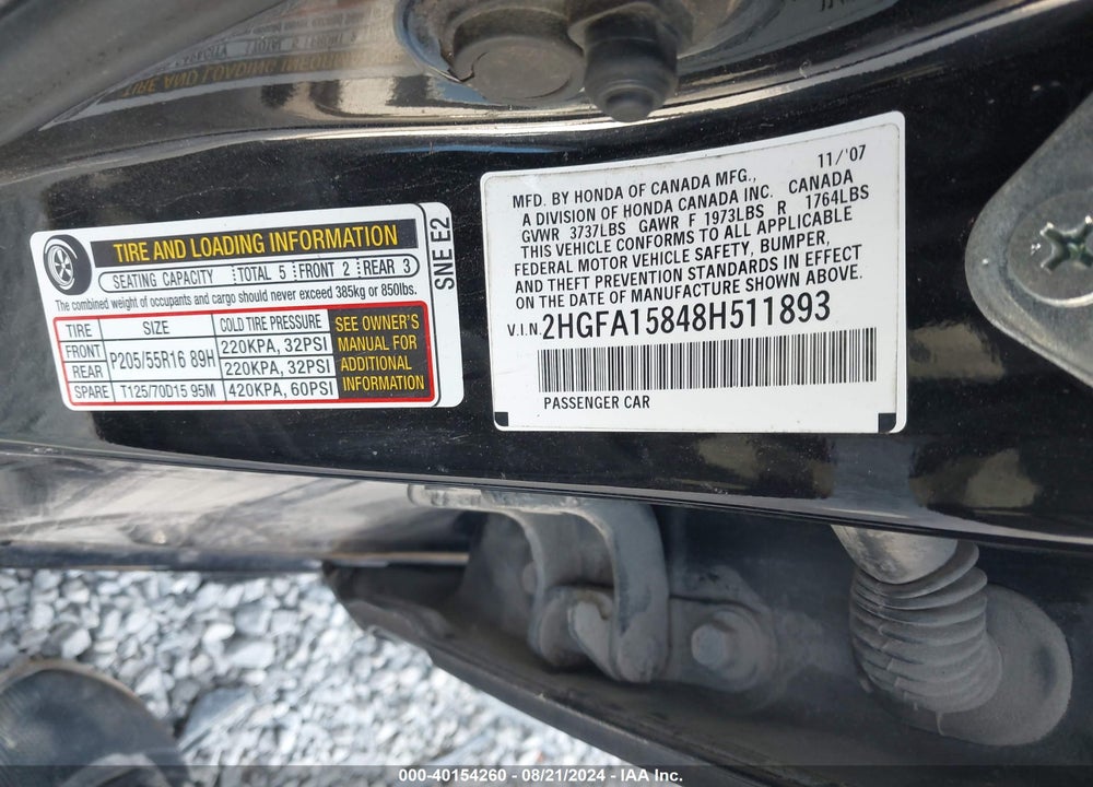 2008 HONDA CIVIC EX VIN: 2HGFA15848H511893