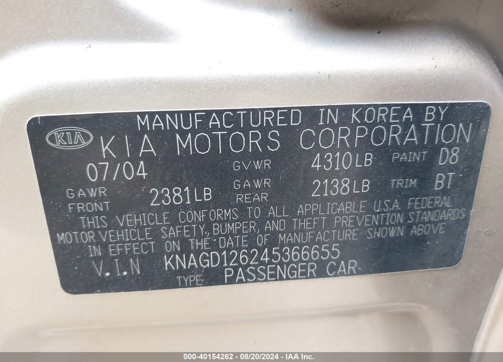 2004 KIA OPTIMA EX/LX VIN: KNAGD126245366655
