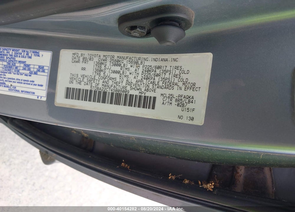 2004 TOYOTA SIENNA XLE LIMITED VIN: 5TDBA22C74S008009