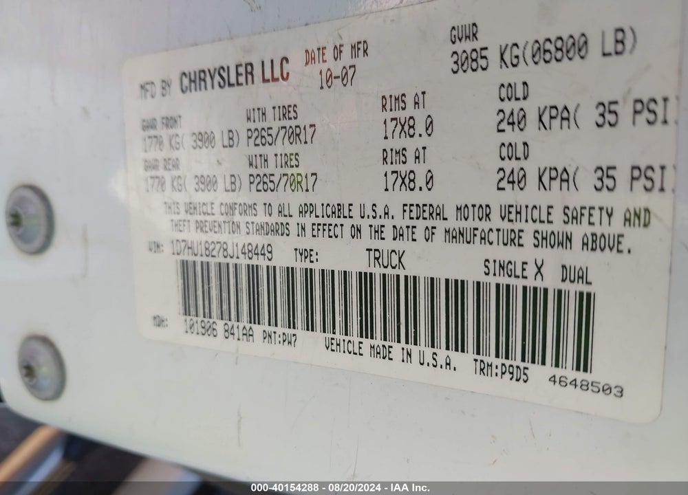 2008 DODGE RAM 1500 ST/SXT VIN: 1D7HU18278J148449