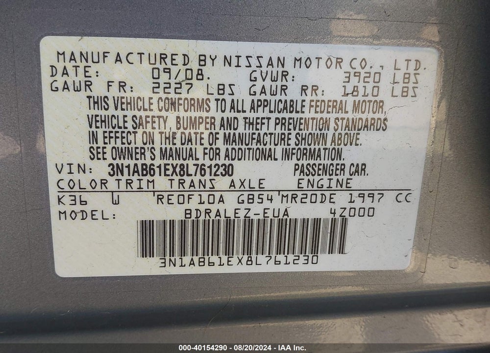 2008 NISSAN SENTRA 2.0S VIN: 3N1AB61EX8L761230