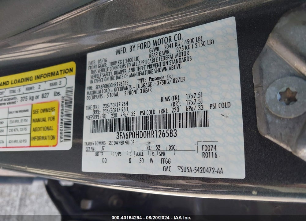 2017 FORD FUSION SE VIN: 3FA6P0HD0HR126583