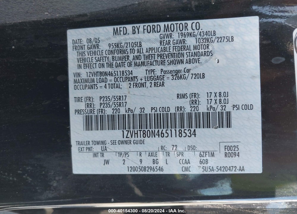 2006 FORD MUSTANG VIN: 1ZVHT80N465118534