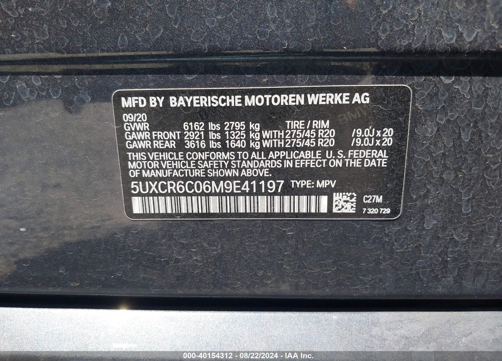 2021 BMW X5 XDRIVE40I VIN: 5UXCR6C06M9E41197