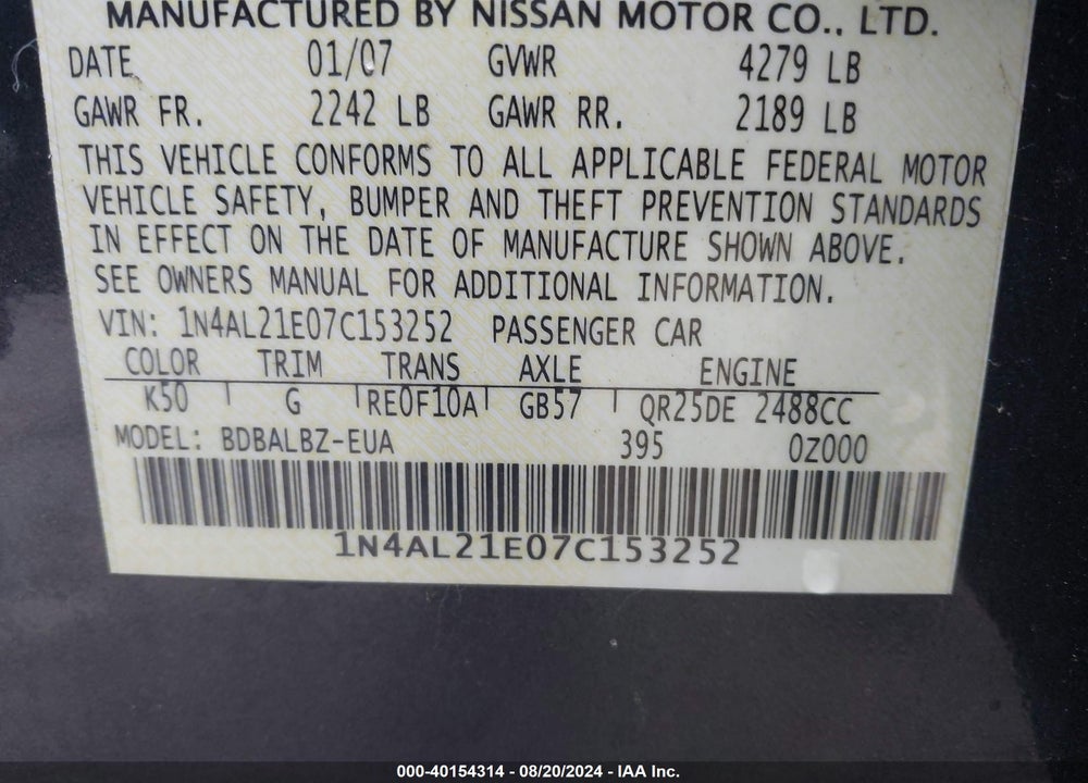 2007 NISSAN ALTIMA 2.5 S VIN: 1N4AL21E07C153252