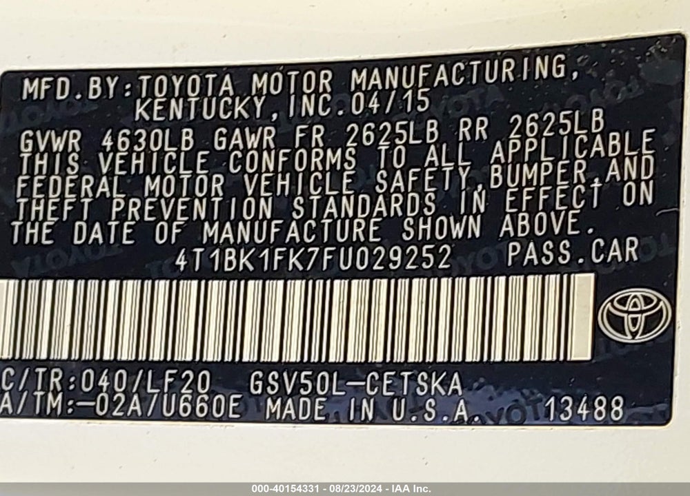 2015 TOYOTA CAMRY XSE V6 VIN: 4T1BK1FK7FU029252