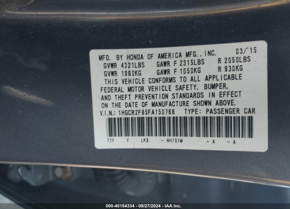 2015 HONDA ACCORD EX-L VIN: 1HGCR2F85FA150766