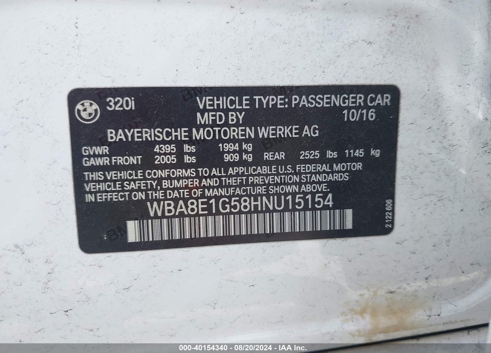 2017 BMW 320I VIN: WBA8E1G58HNU15154
