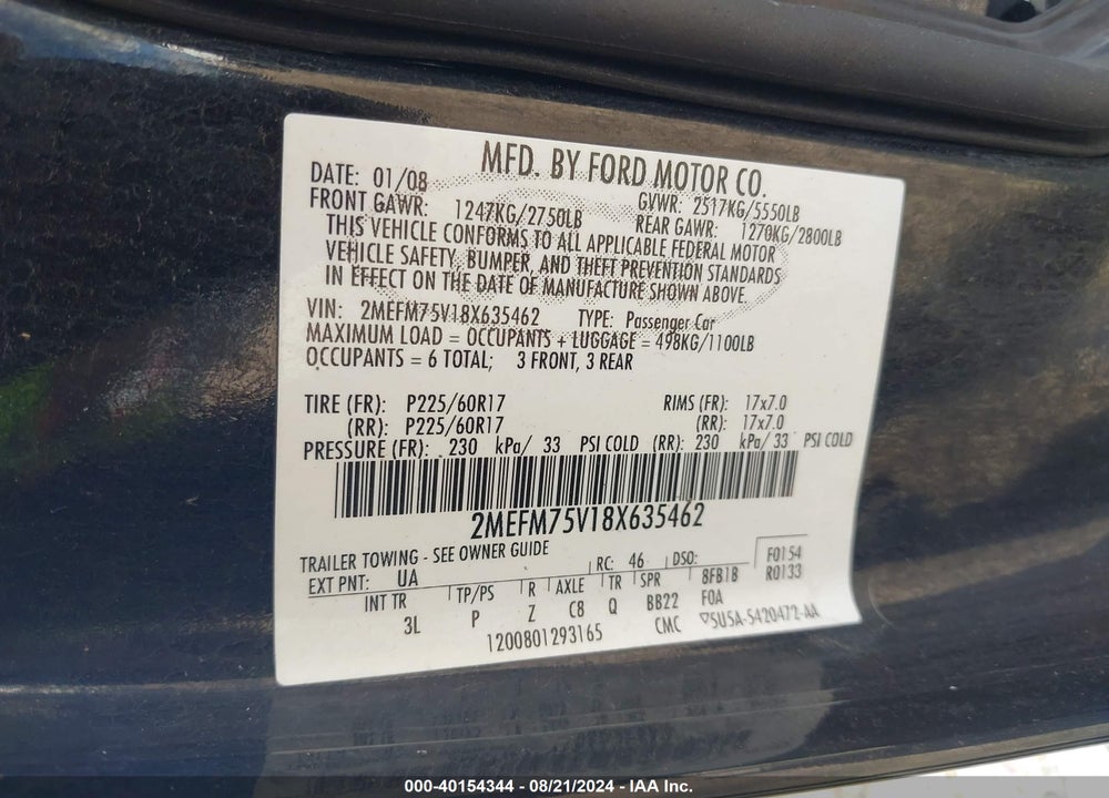 2008 MERCURY GRAND MARQUIS LS VIN: 2MEFM75V18X635462