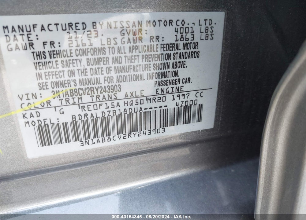 2024 NISSAN SENTRA SV XTRONIC CVT VIN: 3N1AB8CV2RY243903