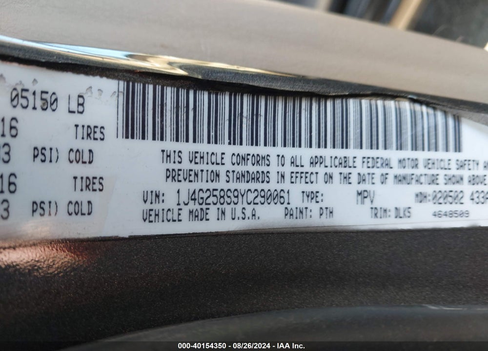 2000 JEEP GRAND CHEROKEE LIMITED VIN: 1J4G258S9YC290061