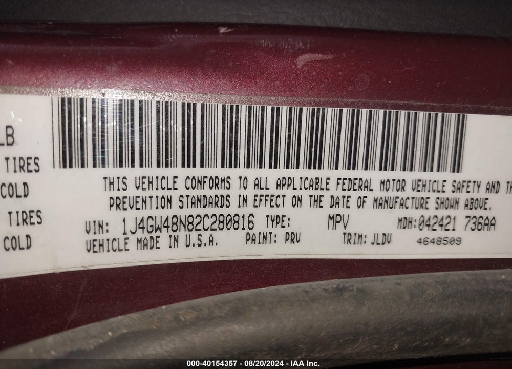 2002 JEEP GRAND CHEROKEE LAREDO VIN: 1J4GW48N82C280816