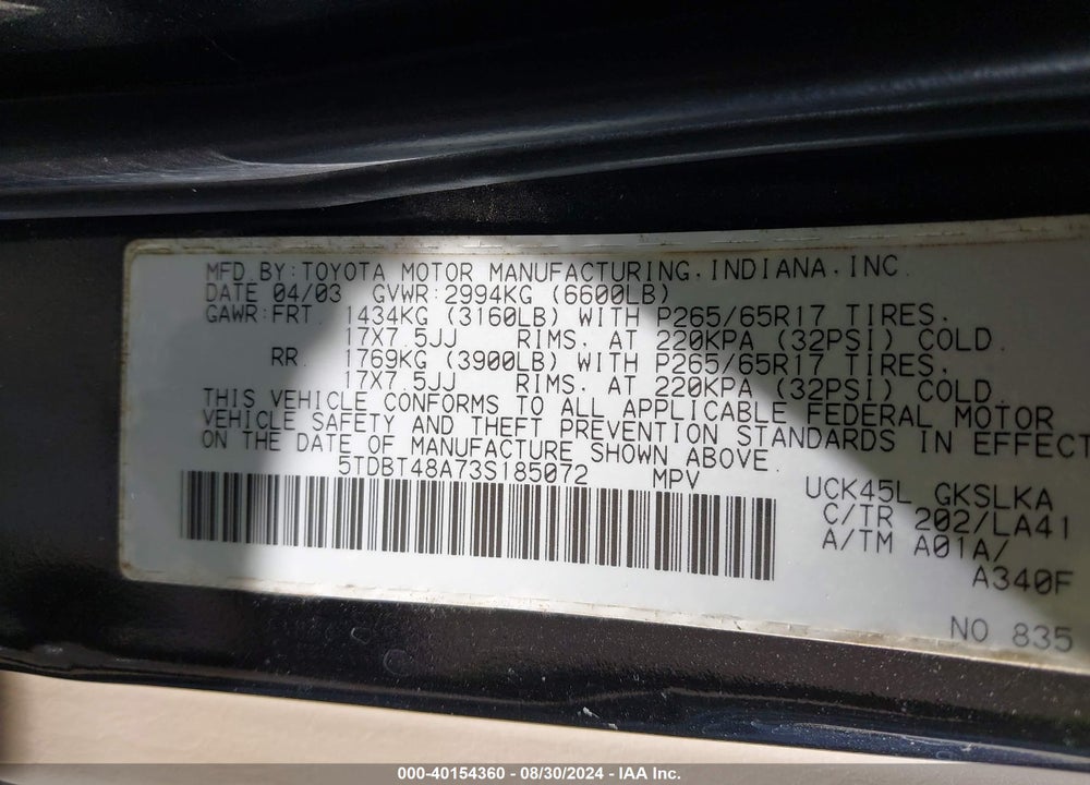2003 TOYOTA SEQUOIA LIMITED VIN: 5TDBT48A73S185072