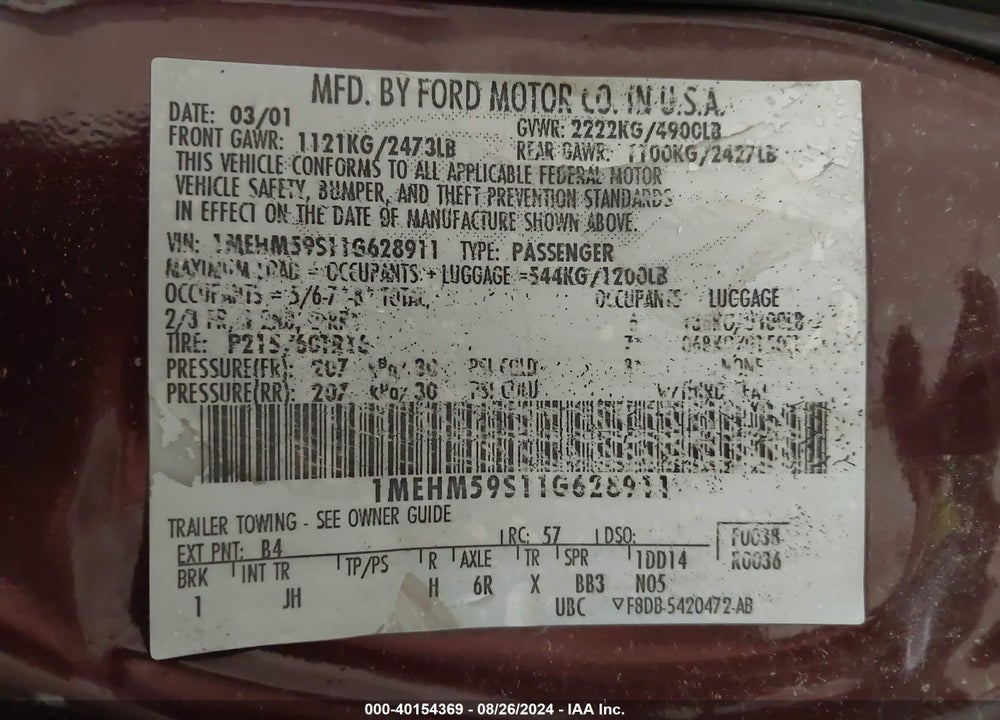 2001 MERCURY SABLE LS PREMIUM VIN: 1MEHM59S11G628911