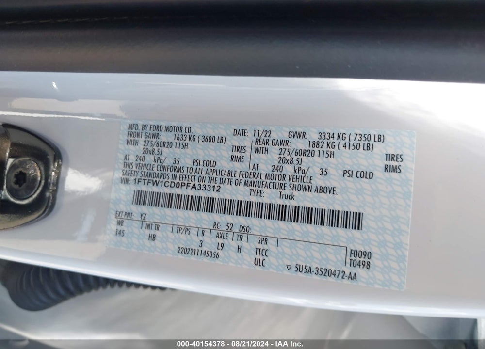 2023 FORD F-150 LARIAT VIN: 1FTFW1CD0PFA33312