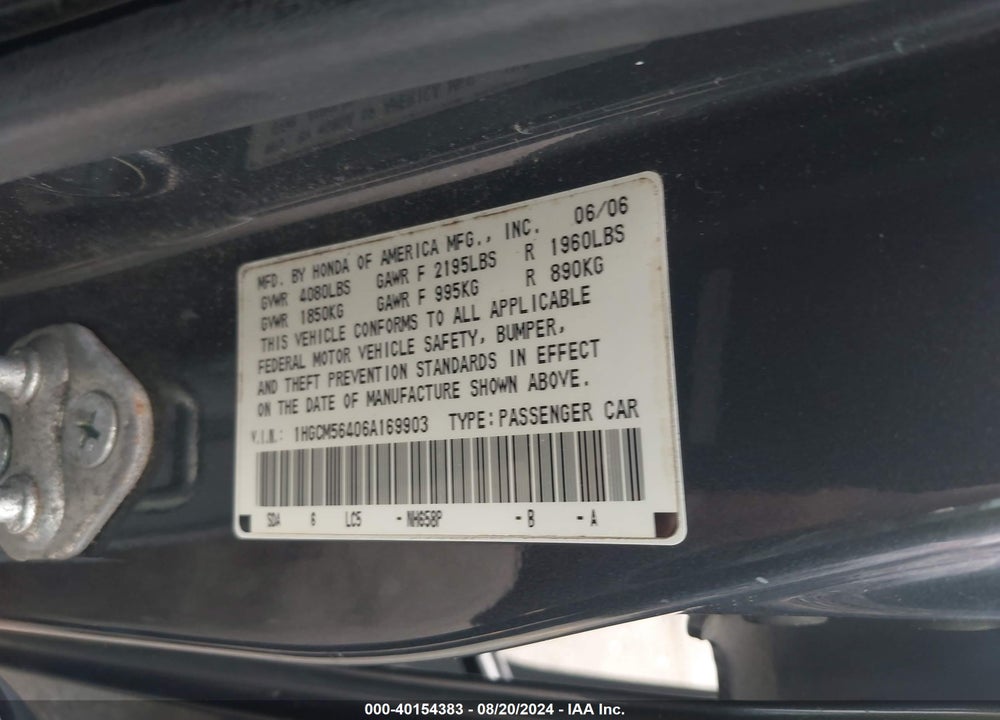 2006 HONDA ACCORD VIN: 1HGCM56406A169903