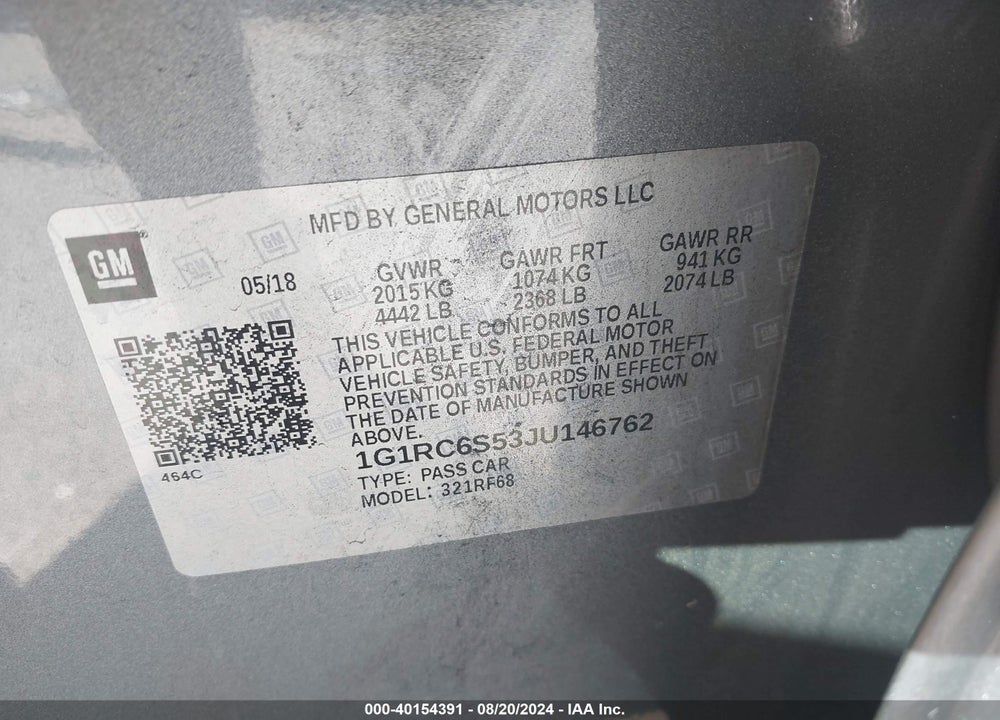 2018 CHEVROLET VOLT VIN: 1G1RC6S53JU146762