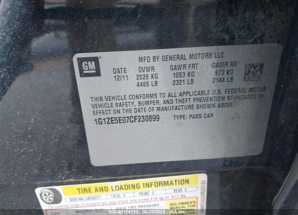 2012 CHEVROLET MALIBU 1LZ VIN: 1G1ZE5E07CF230899