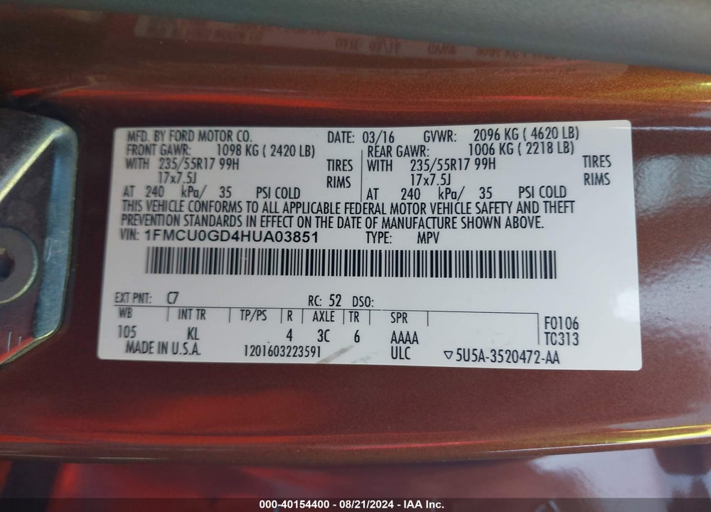2017 FORD ESCAPE SE VIN: 1FMCU0GD4HUA03851