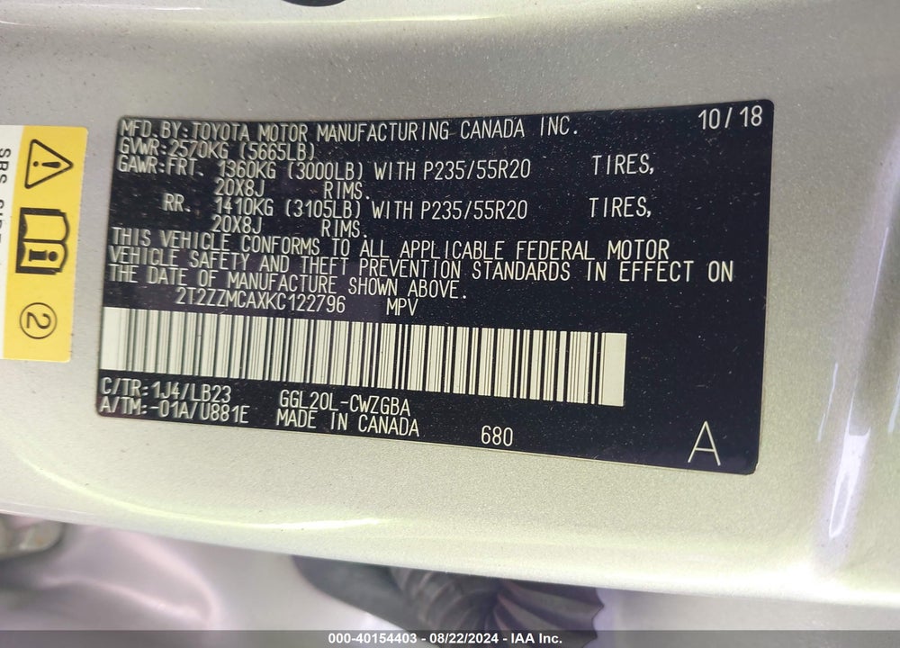 2019 LEXUS RX 350 VIN: 2T2ZZMCAXKC122796