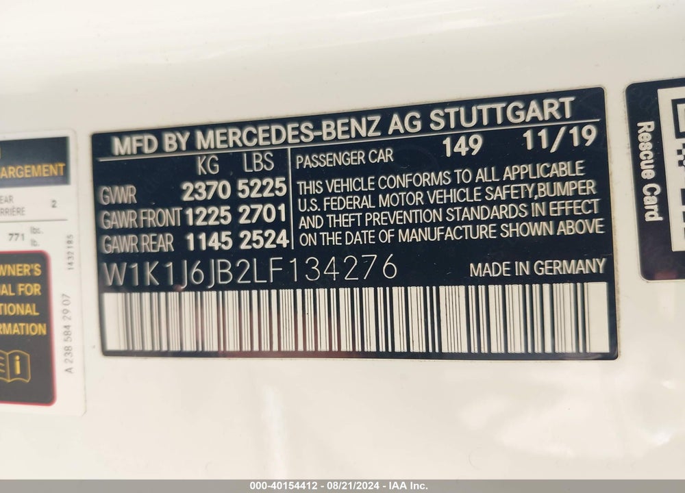 2020 MERCEDES-BENZ E 450 4MATIC VIN: W1K1J6JB2LF134276