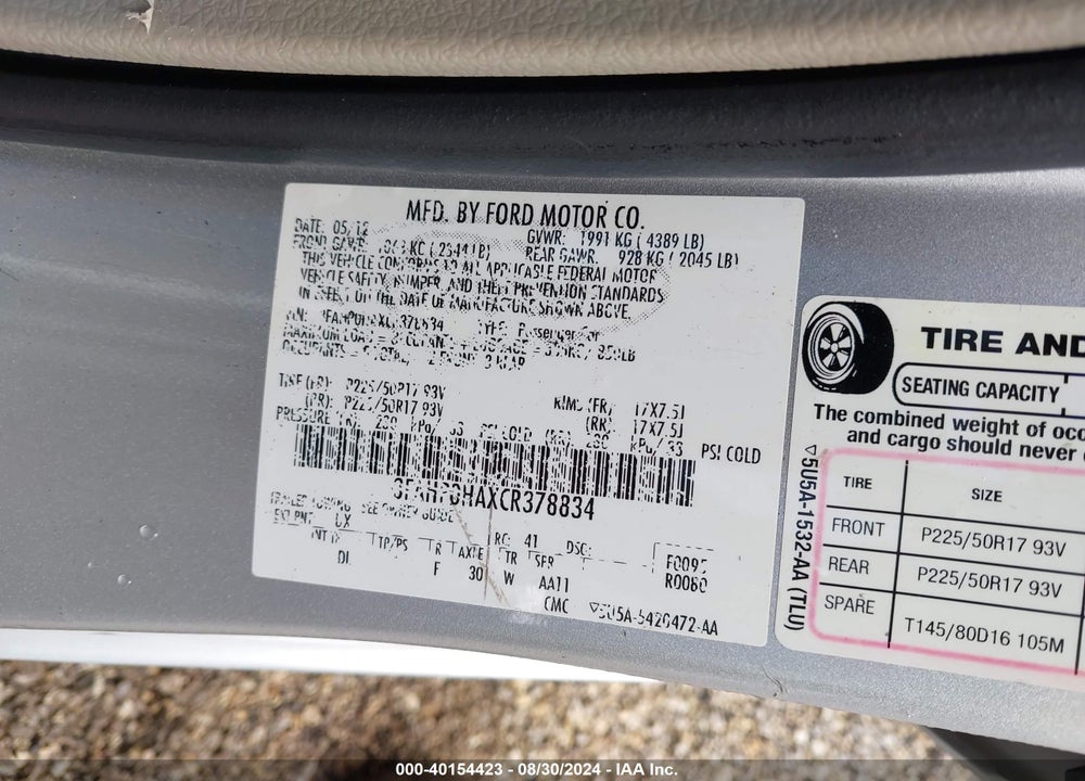 2012 FORD FUSION SE VIN: 3FAHP0HAXCR378834