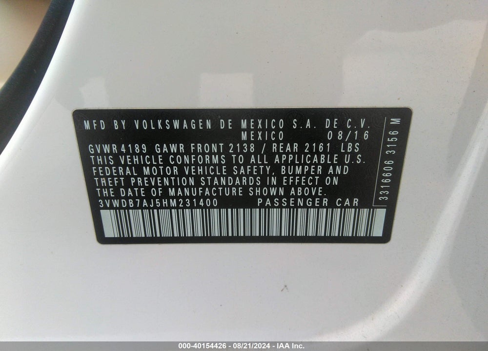 2017 VOLKSWAGEN JETTA 1.4T SE VIN: 3VWDB7AJ5HM231400