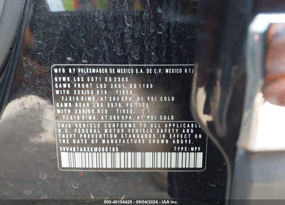 2019 VOLKSWAGEN TIGUAN 2.0T SEL PREMIUM/2.0T SEL PREMIUM R-LINE VIN: 3VV4B7AXXKM086189