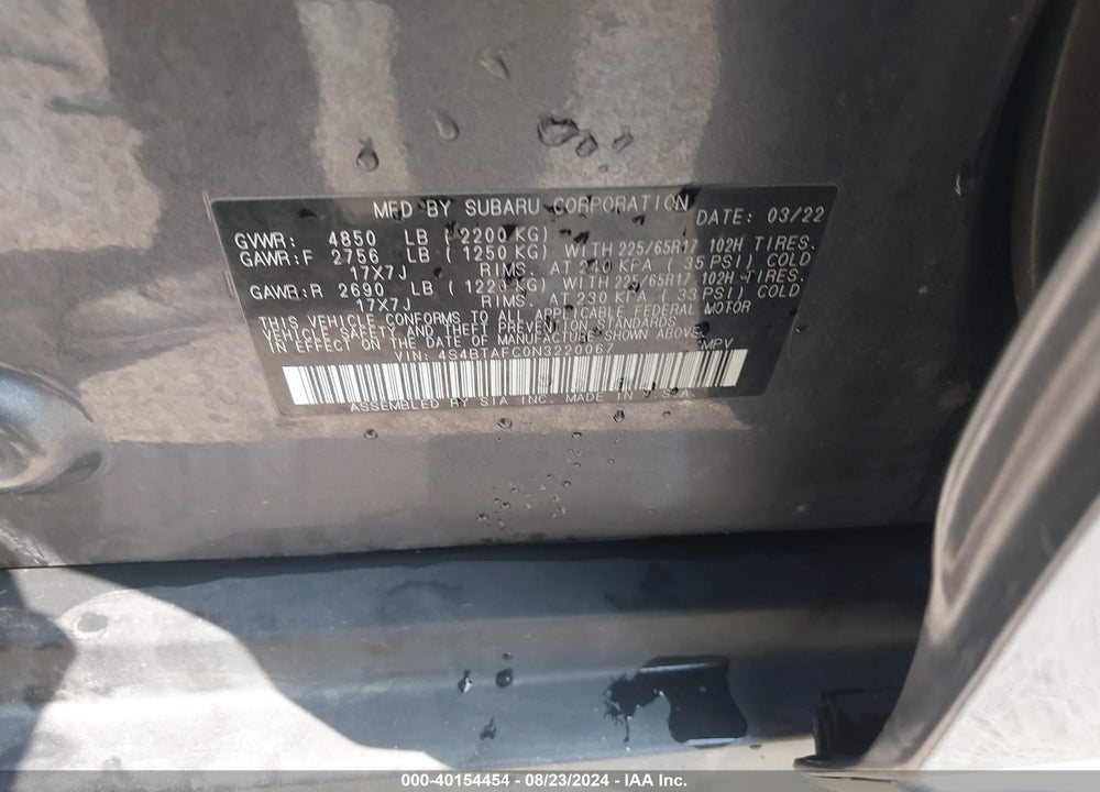 2022 SUBARU OUTBACK PREMIUM VIN: 4S4BTAFC0N3220067