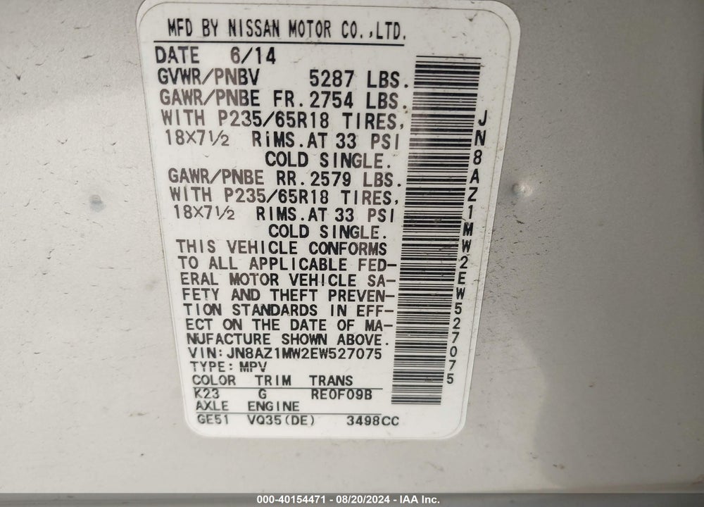2014 NISSAN MURANO SL VIN: JN8AZ1MW2EW527075