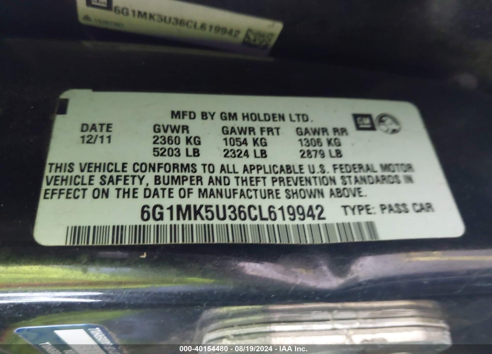 2012 CHEVROLET CAPRICE POLICE VIN: 6G1MK5U36CL619942