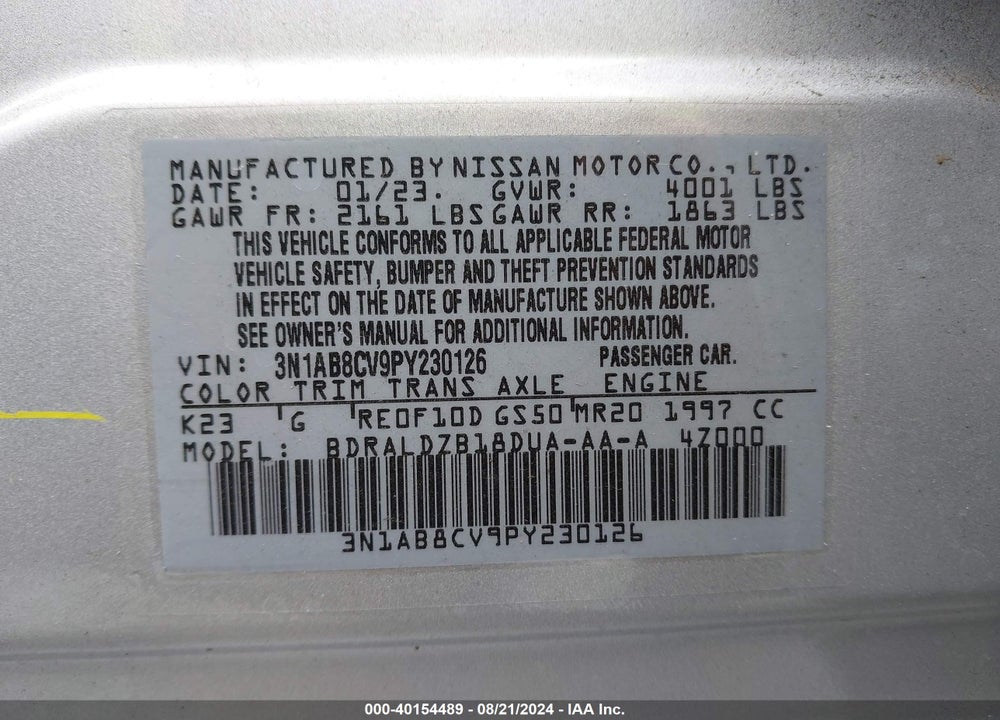 2023 NISSAN SENTRA SV XTRONIC CVT VIN: 3N1AB8CV9PY230126