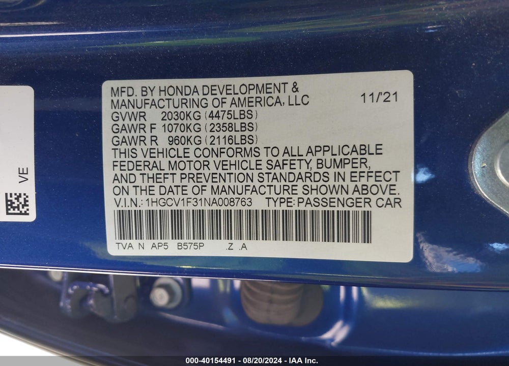 2022 HONDA ACCORD SPORT VIN: 1HGCV1F31NA008763