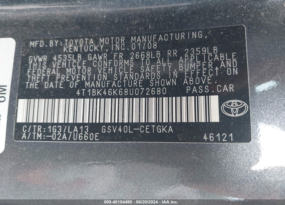 2008 TOYOTA CAMRY XLE V6 VIN: 4T1BK46K68U072680