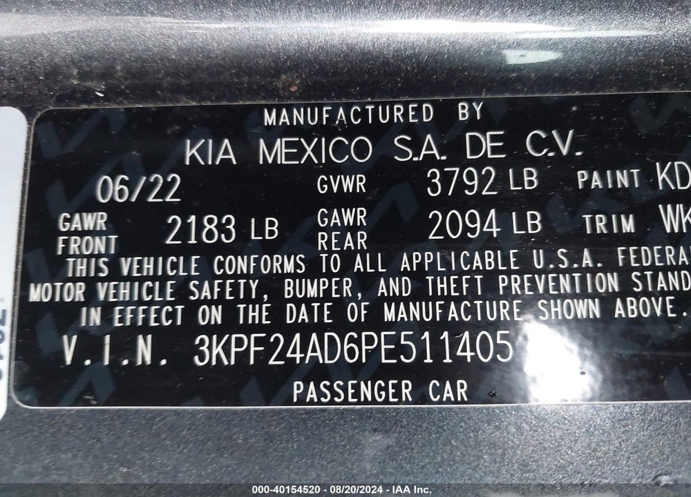 2023 KIA FORTE LXS VIN: 3KPF24AD6PE511405