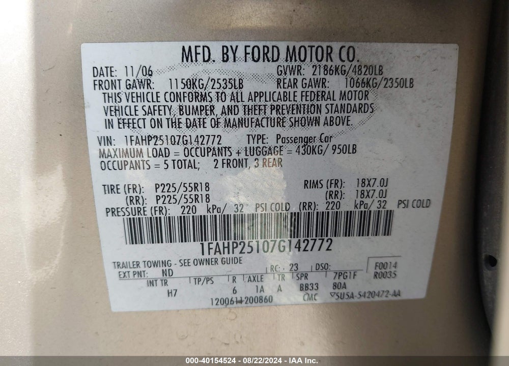 2007 FORD FIVE HUNDRED VIN: 1FAHP25107G142772