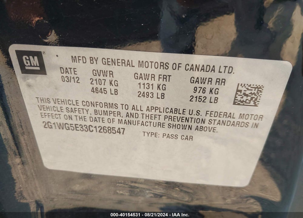 2012 CHEVROLET IMPALA LT VIN: 2G1WG5E33C1268547