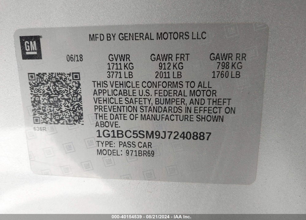 2018 CHEVROLET CRUZE LS AUTO VIN: 1G1BC5SM9J7240887
