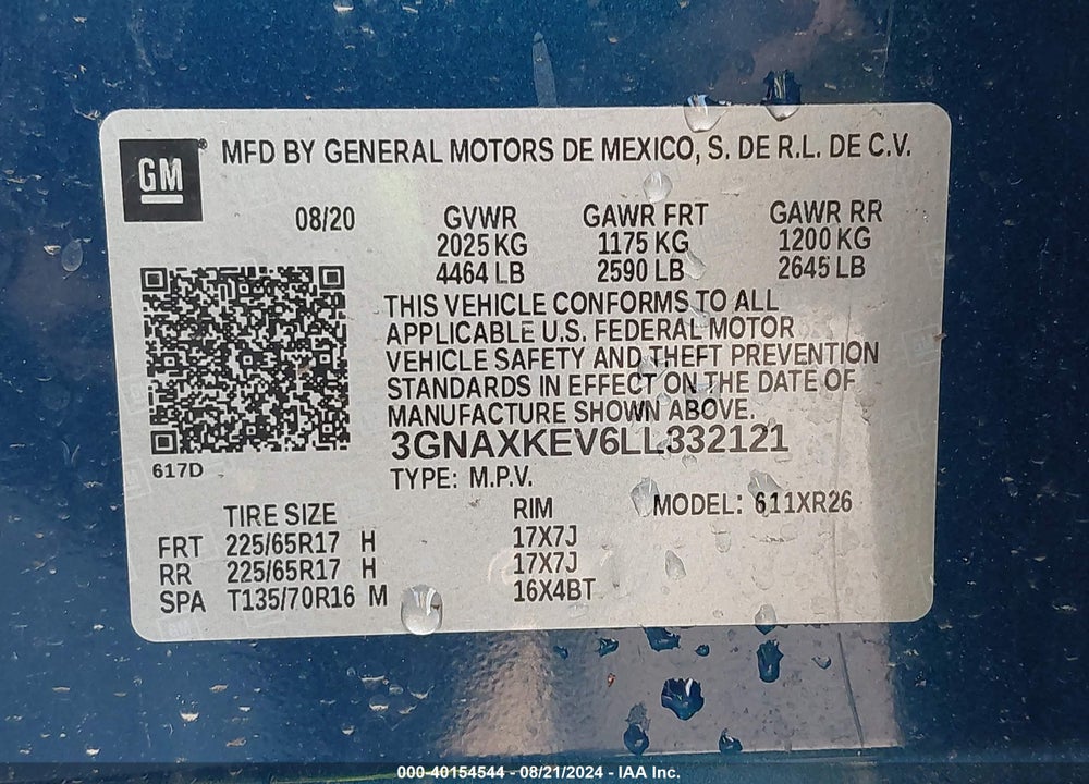 2020 CHEVROLET EQUINOX VIN: 3GNAXKEV6LL332121