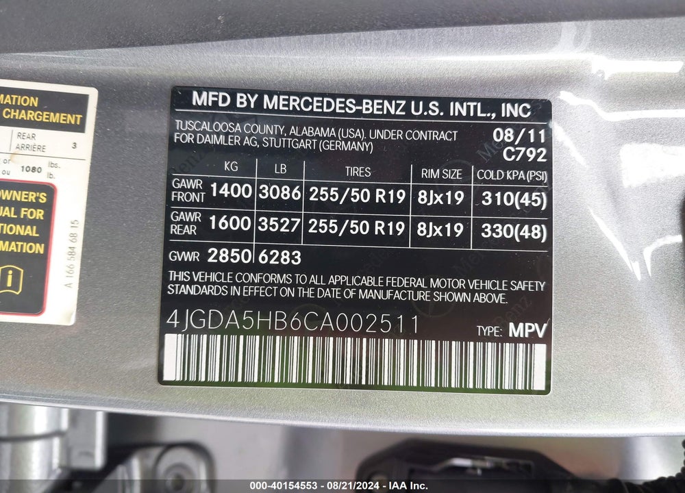 2012 MERCEDES-BENZ ML 350 4MATIC VIN: 4JGDA5HB6CA002511