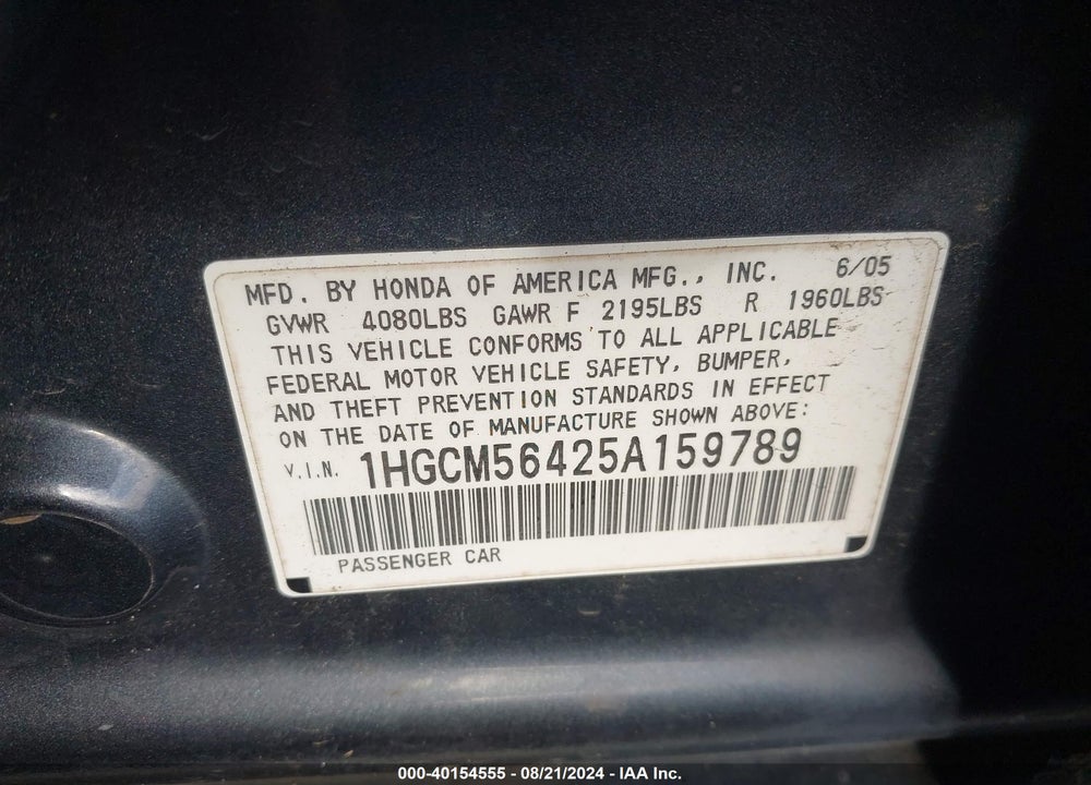 2005 HONDA ACCORD 2.4 LX VIN: 1HGCM56425A159789