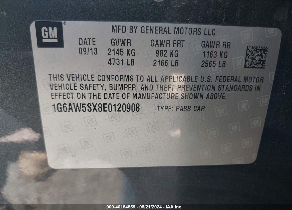 2014 CADILLAC CTS STANDARD VIN: 1G6AW5SX8E0120908