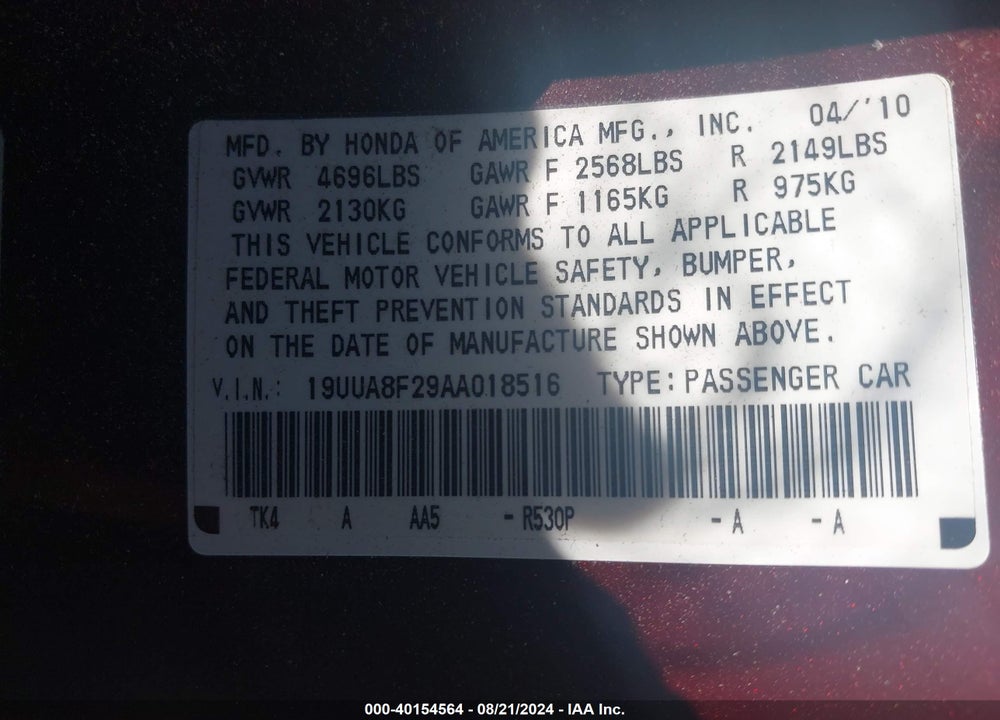 2010 ACURA TL 3.5 VIN: 19UUA8F29AA018516