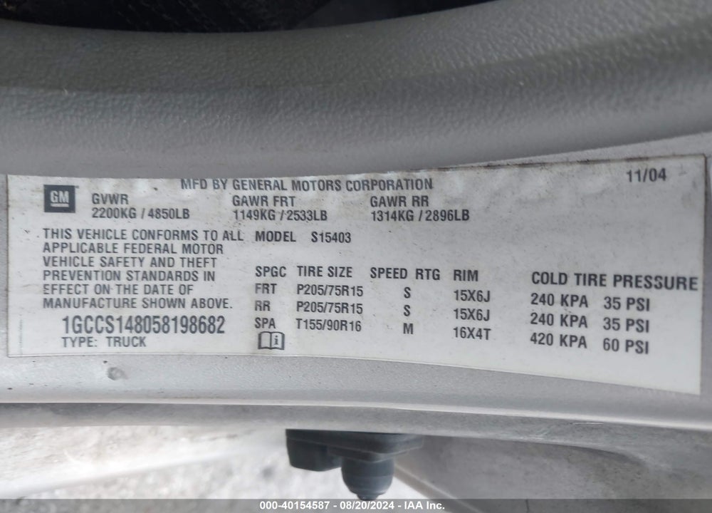 2005 CHEVROLET COLORADO VIN: 1GCCS148058198682
