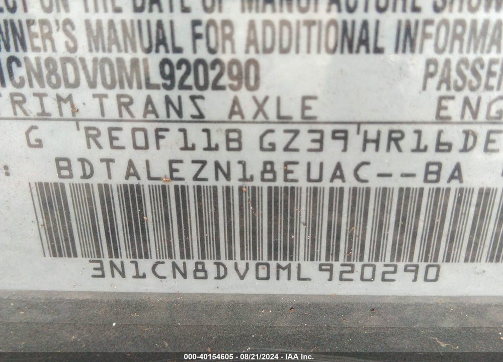 2021 NISSAN VERSA S XTRONIC CVT VIN: 3N1CN8DV0ML920290