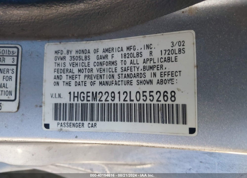 2002 HONDA CIVIC EX VIN: 1HGEM22912L055268