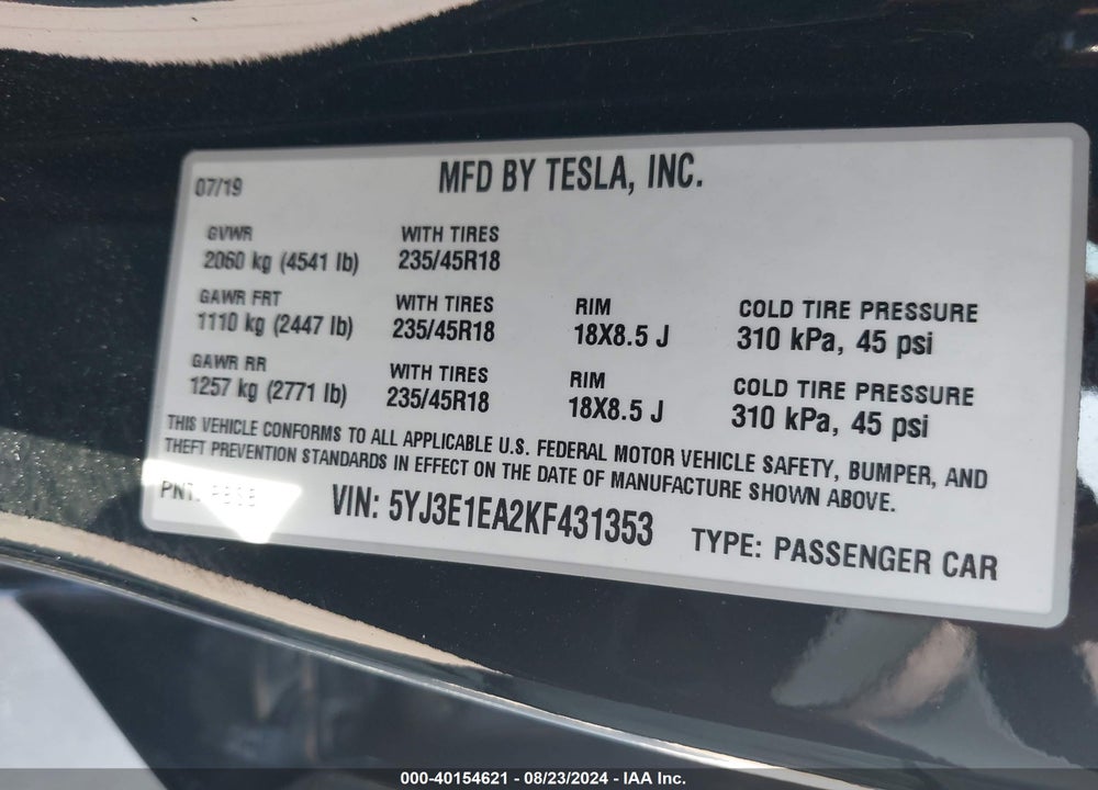 2019 TESLA MODEL 3 LONG RANGE/MID RANGE/STANDARD RANGE/STANDARD RANGE PLUS VIN: 5YJ3E1EA2KF431353
